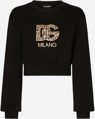 Dolce & Gabbana Kurzes Sweatshirt aus Jersey mit DG-Patch-Stickerei - Schwarz