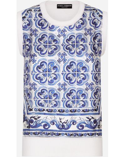 Dolce & Gabbana Pull sans manches en soie et sergé à imprimé majoliques - Bleu