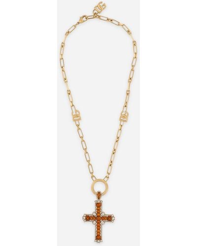 Dolce & Gabbana Chain Necklace With Cross And Yellow Crystals - White
