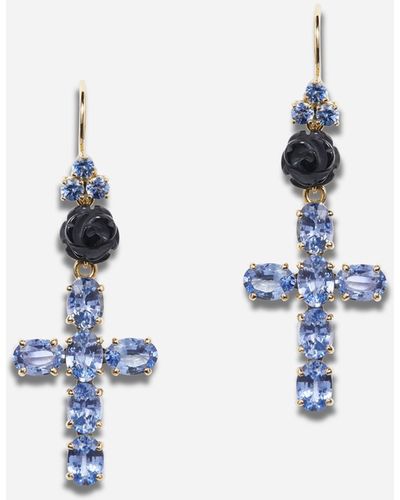 Dolce & Gabbana Family yellow gold earrings with rose and cross pendant - Blanco
