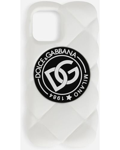 Dolce & Gabbana Cover iPhone 12 Pro aus Gummi in Matelassé-Optik mit DG-Logo - Weiß