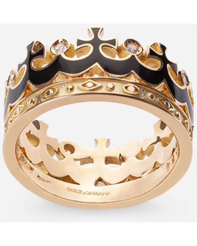 Dolce & Gabbana Crown yellow gold ring with black enamel crown and diamonds - Amarillo