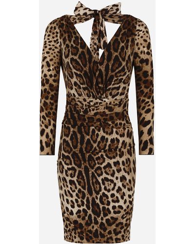 Dolce & Gabbana Abito corto in charmeuse stampa leopardo con fiocco - Multicolore