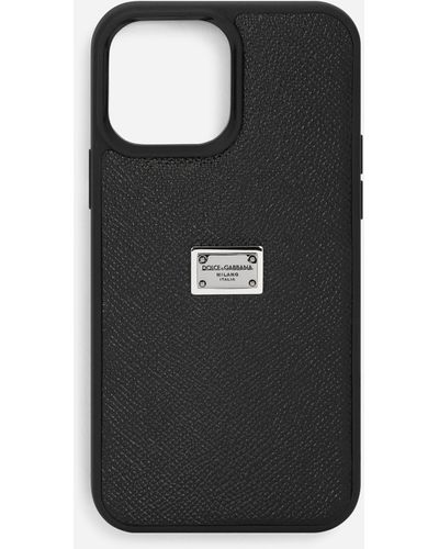 Dolce & Gabbana Coque pour iPhone 13 Pro Max en cuir de veau avec plaquette à logo - Noir