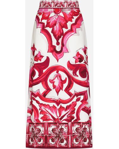 Dolce & Gabbana Majolica-Print Charmeuse Calf-Length Skirt With Slit - Red