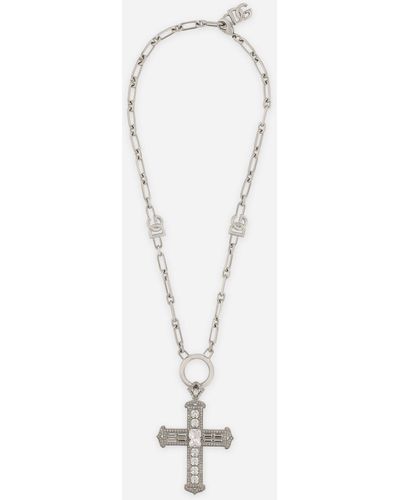 Dolce & Gabbana Gliederhalskette mit Kreuz und Kristallen - Weiß