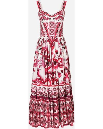 Dolce & Gabbana Calf-length bustier dress in Majolica-print poplin - Rosso