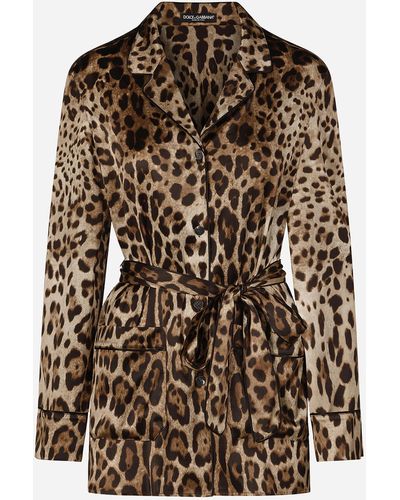 Dolce & Gabbana Camicia pigiama in raso stampa leopardo con cintura - Marrone