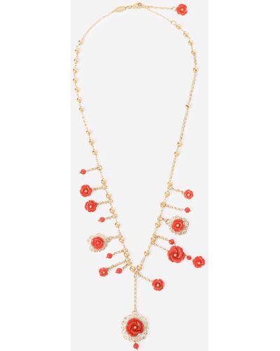 Dolce & Gabbana Coral Necklace In Yellow 18kt Gold With Coral Rose - White