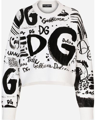 Dolce & Gabbana Pullover aus Schurwolle mit beflocktem DG-Logo - Weiß