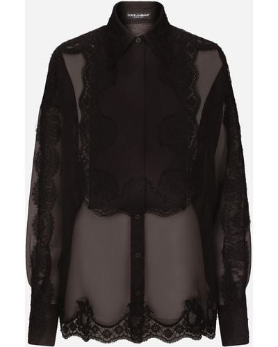 Dolce & Gabbana Camisa de esmoquin en organza con aplicaciones de encaje - Negro