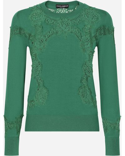 Dolce & Gabbana Pullover aus Kaschmir und Seide mit Intarsien aus Spitze - Grün