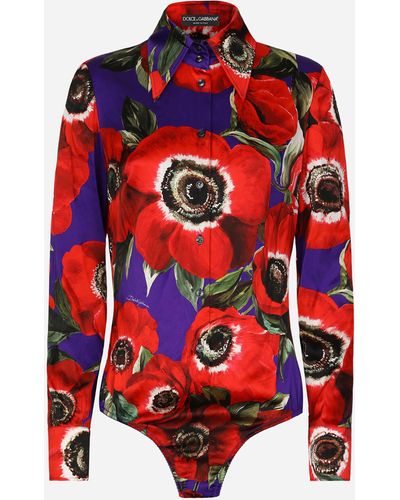 Dolce & Gabbana Bodi camisa de raso estampado Anémonas - Rojo