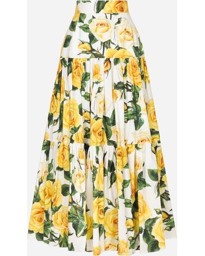 Dolce & Gabbana Long ruffled skirt in yellow rose-print cotton - Jaune
