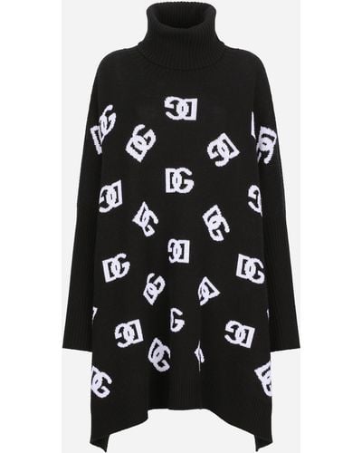 Dolce & Gabbana Poncho in lana con logo DG jacquard - Nero