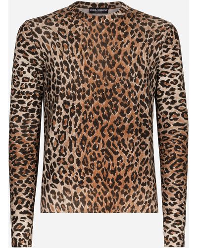 Dolce & Gabbana Jersey de cuello redondo de lana con estampado de leopardo - Marrón
