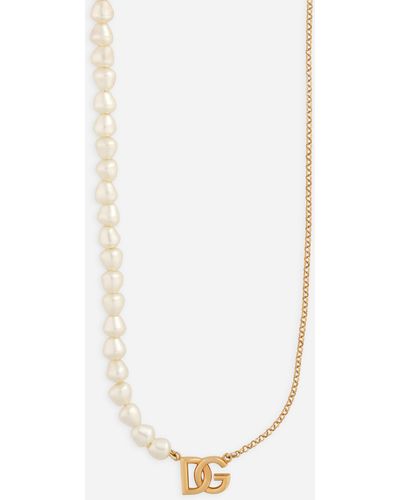 Dolce & Gabbana Gliederhalskette mit Perlen und DG-Logo - Weiß