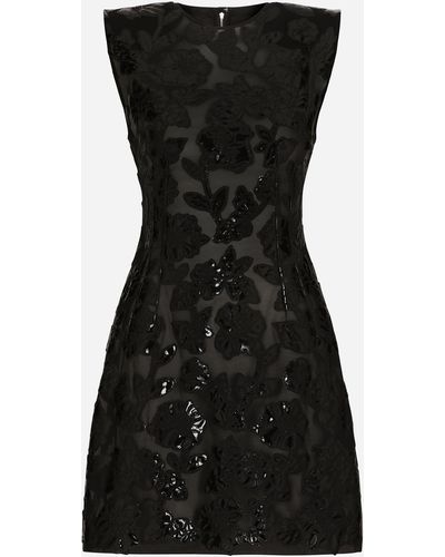 Dolce & Gabbana Short marquisette dress with patent floral embellishment - Nero