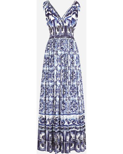 Dolce & Gabbana Vestido largo de popelina con estampado de mayólica - Azul