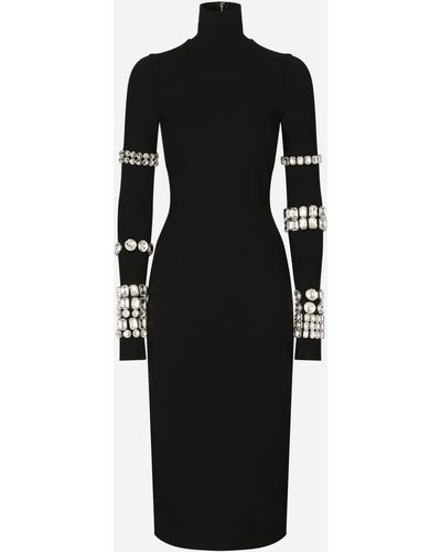 Dolce & Gabbana Robe mi-longue en jersey maille Milano avec strass - Noir