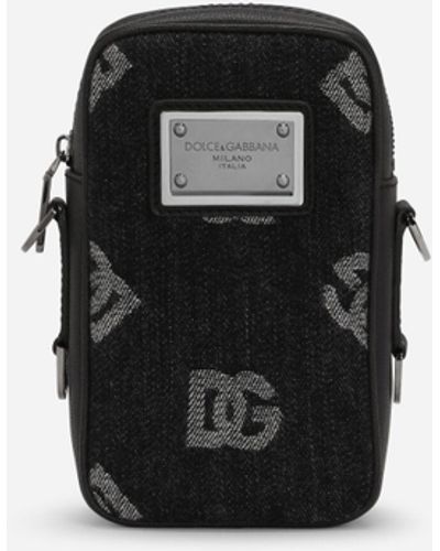 Dolce & Gabbana Small Calfskin And Denim Crossbody Bag With Logo - Black
