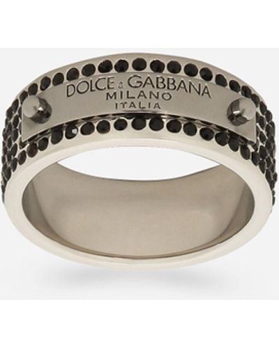 Dolce & Gabbana Anillo con placa con logotipo y strass - Blanco