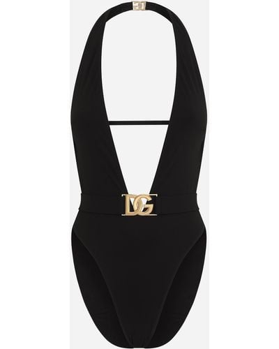 Dolce & Gabbana Belted Plunge-neck Swimsuit - Black