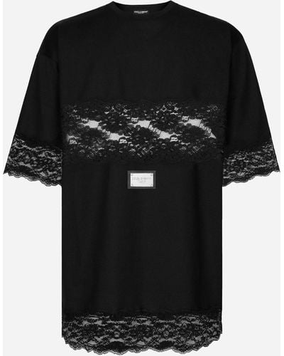 Dolce & Gabbana Camiseta de punto con aplicaciones de encaje y placa Dolce&Gabbana - Negro