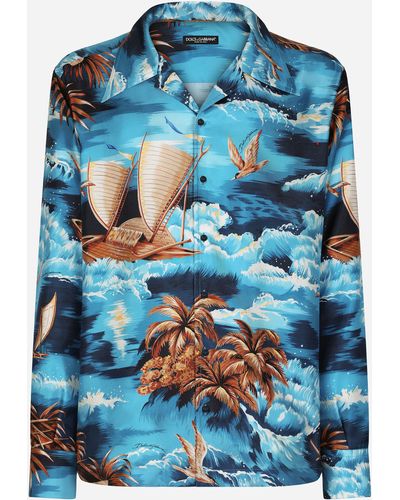 Dolce & Gabbana Silk twill shirt with Hawaiian print - Blu