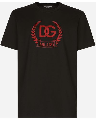 Dolce & Gabbana Cotton T-Shirt With Dg Milano Logo Embroidery - Black