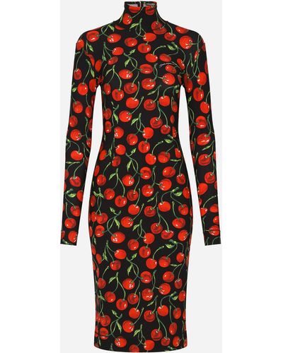 Dolce & Gabbana Long-sleeved jersey midi dress with cherry print - Rosso