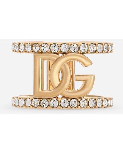 Dolce & Gabbana Anillo abierto con logotipo DG y strass - Blanco