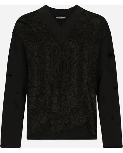 Dolce & Gabbana Felpa in tulle ricamato e jersey - Nero