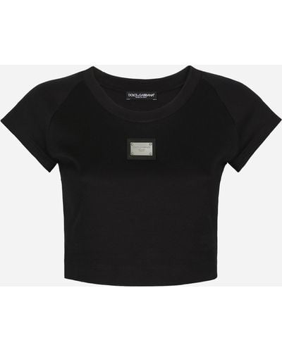 Dolce & Gabbana Cropped-T-Shirt aus Jersey mit Dolce&Gabbana-Plakette - Schwarz