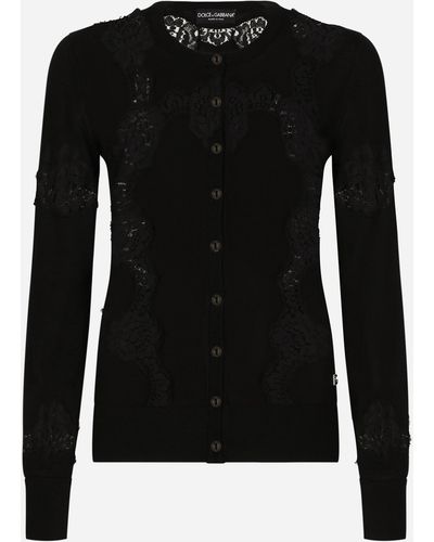 Dolce & Gabbana Cashmere And Silk Cardigan With Lace Inlay - Black