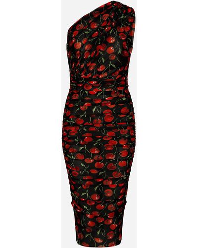 Dolce & Gabbana Vestido midi con hombro asimétrico de tul drapeado con estampado de cerezas - Rojo