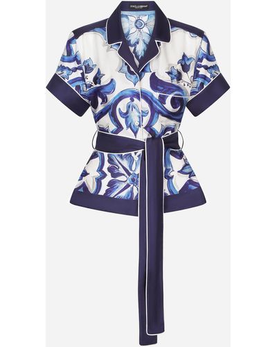 Dolce & Gabbana Camicia in twill stampa maiolica con cintura - Blu