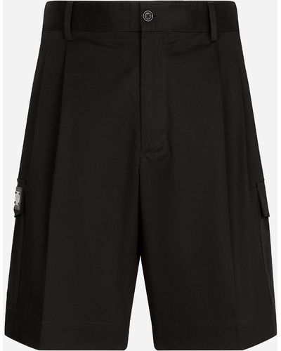 Dolce & Gabbana Stretch Cotton Gabardine Cargo Shorts With Branded Tag - Black