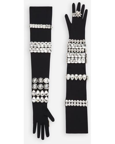 Dolce & Gabbana Lange Handschuhe aus Jersey mit Strassstickereien - Schwarz