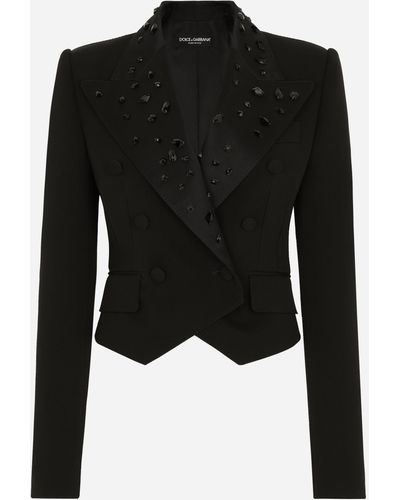 Dolce & Gabbana Cropped Wool Jacket With Rhinestone Details - Black