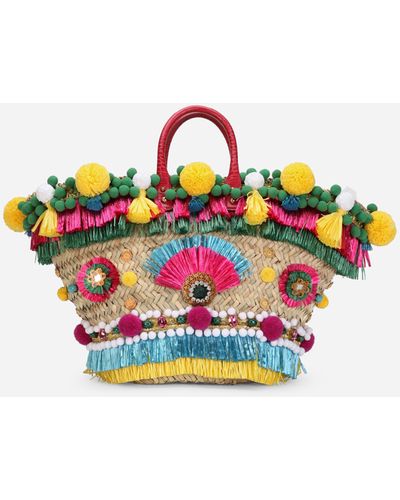 Dolce & Gabbana Kendra-Korbtasche aus Stroh mit Stickereien - Mehrfarbig