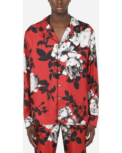 Dolce & Gabbana Chemise de pyjama en soie à imprimé camélias - Rouge