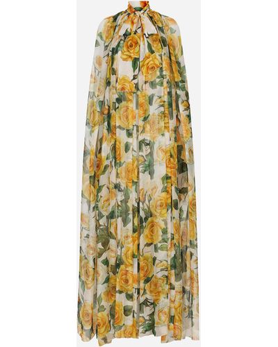 Dolce & Gabbana Silk Chiffon Cape With Yellow Rose Print - Metallic