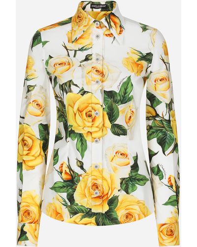 Dolce & Gabbana Lange Bluse aus Baumwolle Gelbe-Rosen-Print