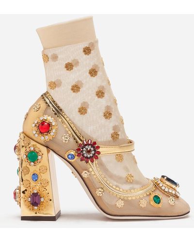 Dolce & Gabbana Mirrored Calfskin Mary Janes With Bejeweled Embellishment - Natural