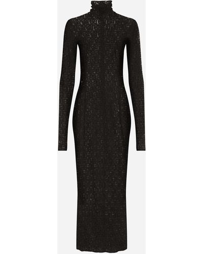 Dolce & Gabbana Vestido longuette de tul con motivo integral del logotipo DG - Negro
