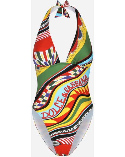 Dolce & Gabbana Carretto-print One-piece Swimsuit With Plunging Neckline - Multicolour