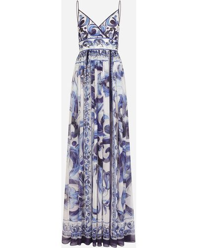 Dolce & Gabbana Langes Kleid aus Chiffon Majolika-Print - Weiß
