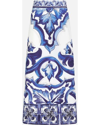 Dolce & Gabbana Longuette-Rock aus Charmeuse Majolika-Print mit Schlitz - Blau