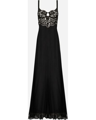Dolce & Gabbana Vestido largo en chifón de seda con cuerpo de encaje - Negro